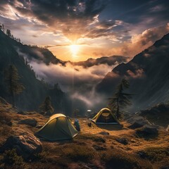 Nature landscape with fog, comfortable backpacking and camping scenery