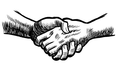 Strong hand shake. Pair of socks. Hand drawn retro styled black and white illustration - 767004172