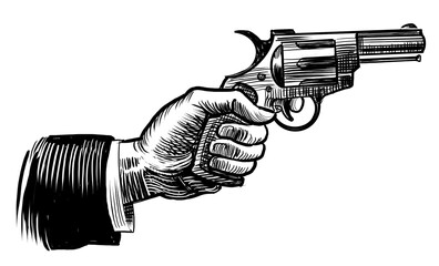 Hand holding revolver gun. Pair of socks. Hand drawn retro styled black and white illustration - 767004174