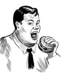 Man eating burger. Pair of socks. Hand drawn retro styled black and white illustration - 767004193