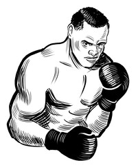 Strong boxer. Pair of socks. Hand drawn retro styled black and white illustration - 767004194