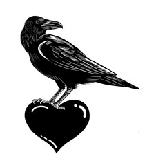Crow bird sitting on a human heart. Pair of socks. Hand drawn retro styled black and white illustration - 767004197