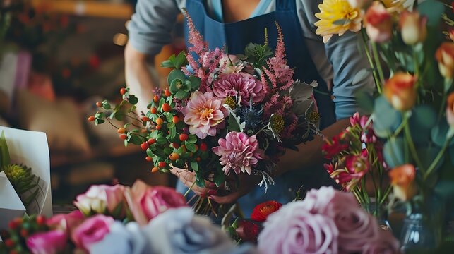 Client-Centric Floral Design: Cropped Image of Florist Preparing Custom Bouquet