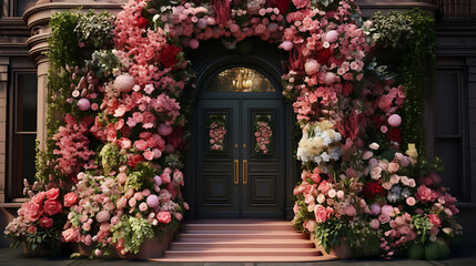 Fototapeta na wymiar Enchanting Entrance: A Verdant Tapestry of Blooms Framing a Rustic Wooden Door, Inviting the Imagination to Wander Amidst Nature's Embrace.
