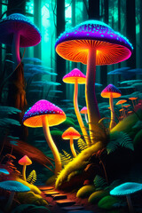 Mystical mushrooms with neon light on a in mystic luminescent forest.