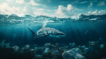 Striking image of a shark above a bed of plastic waste, shedding light on environmental issues and ocean pollution.