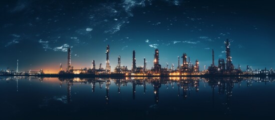 Fototapeta premium The silhouette of a towering oil refinery is mirrored in the calm waters at night, creating a stunning reflection against the city skyline