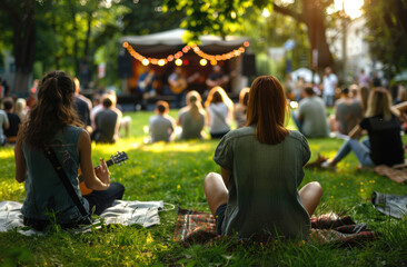 Young people enjoying an outdoor music concert in the park, with green grass and a crowd of...