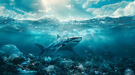 Striking image of a shark above a bed of plastic waste, shedding light on environmental issues and ocean pollution. - obrazy, fototapety, plakaty