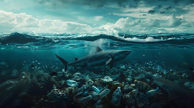 Striking image of a shark above a bed of plastic waste, shedding light on environmental issues and ocean pollution.
