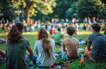 Young people enjoying an outdoor music concert in the park, with green grass and a crowd of...