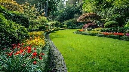 Scenic Garden Oasis: Decorative Features Adorn Green Lawn in Serene Setting