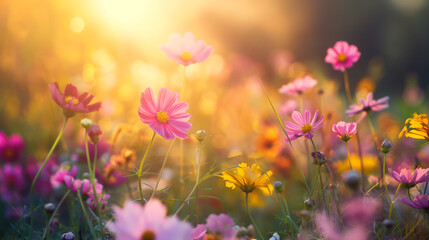 Fototapeta premium Sunset Glow on Wildflowers Field. Colorful Meadow Flowers at Golden Hour