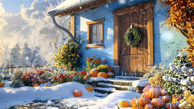 Snowy countryside house with a festive display of pumpkins in the winter landscape. Seamless Looping 4k Video Animation
