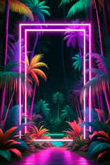 Neon light rectangle glowing frame in the tropical forest.