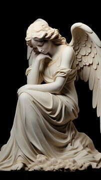 Enthralling Image of a Marble Angel Statue in Serene Contemplation with Majestic Spread Wings