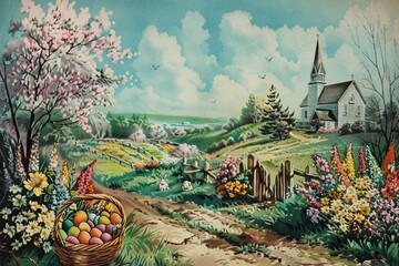 : A vintage Easter postcard featuring a picturesque countryside scene with a church steeple in the distance, colorful baskets filled with eggs on doorsteps, and fluffy bunnies hopping through fields - obrazy, fototapety, plakaty