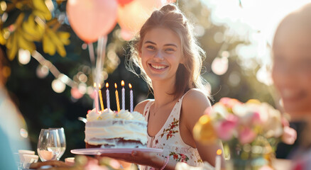 a girl at an outdoor garden party, smiling while holding up her birthday cake with candles being set on it in the style of friends and family around the table - obrazy, fototapety, plakaty