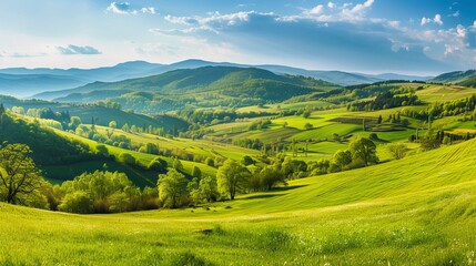 Fototapeta na wymiar Panorama of beautiful countryside. sunny afternoon. wonderful springtime landscape