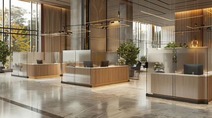 Hotel lobby featuring reception desks with transparent COVID sneeze guards