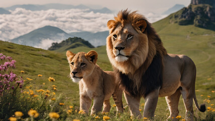 Big lion and cub as wild animal in the nature habitat. AI generated image, ai