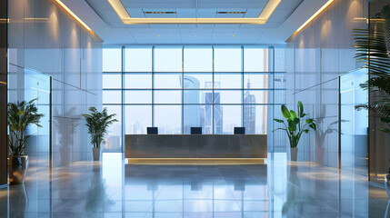 Inside an office building with a visible reception area.