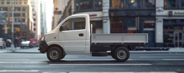 A compact white delivery truck is parked on a bustling city street with shops and pedestrians - obrazy, fototapety, plakaty