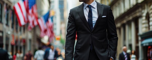 Well-dressed man in a suit walks with purpose on a New York City street with american flag in...