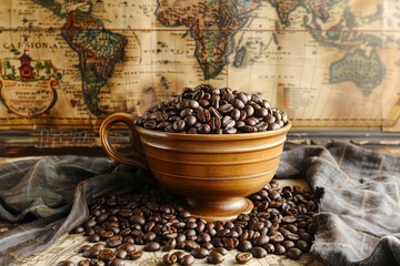 Vintage World Map with Wooden Cup Overflowing with Coffee Beans on Rustic Table