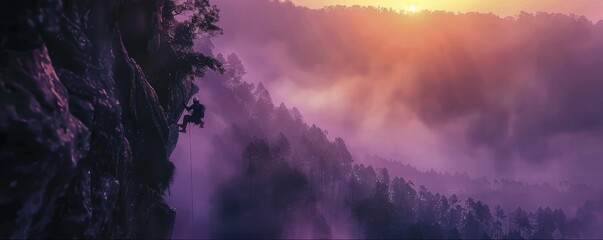 tourist on a cliff's edge overlooking a misty forest at sunset conveying solitude and adventure