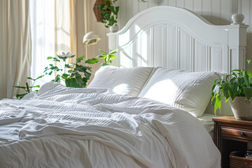 Bright bedroom with white bedding and green houseplants