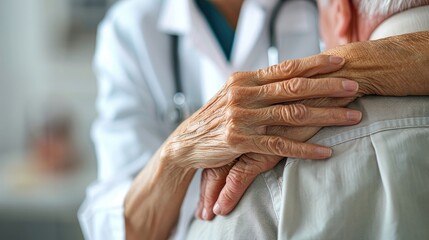 Supportive hand on a senior patient's shoulder in a medical setting.