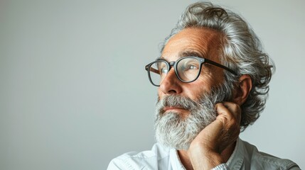 Reflective senior man with glasses looking upward. - obrazy, fototapety, plakaty
