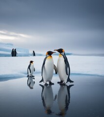 Two king penguins share a tender interaction against a dramatic Antarctic backdrop, their reflections mirrored in the glassy ice below. The surrounding icebergs and distant penguin figures accentuate