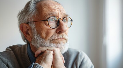 Pensive senior man with glasses resting chin on hand. - Powered by Adobe