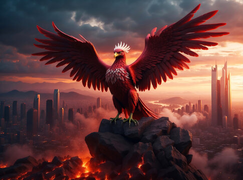 A large red phoenix with open wings