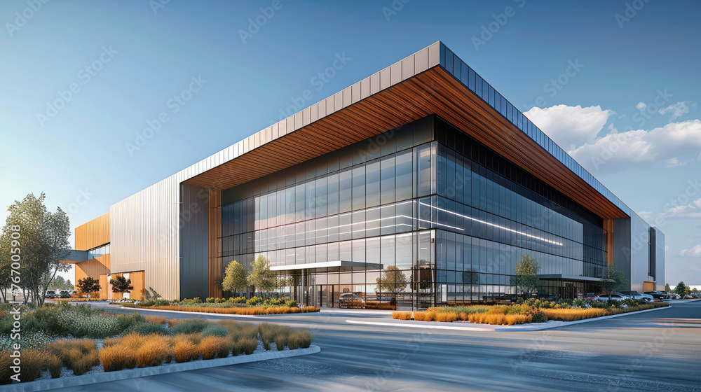 Leinwandbilder Exterior of Data center made of concrete tilt up panels with a grand corner entrance to showcase the luxury with wood cladding in some areas. Generative AI.