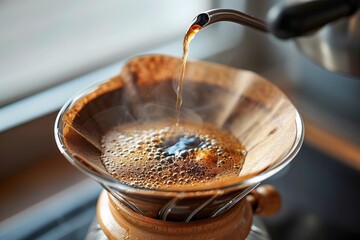 Fresh Coffee Brewing with Hot Water in Drip Filter Over Wooden Stand, Morning Beverage Preparation - obrazy, fototapety, plakaty