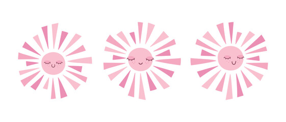 Cute hand drawn smiling sun in pink color set. Scandinavian style decoration for nursery kids room. Vector illustration