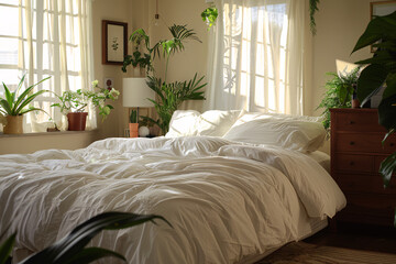 Cozy bedroom filled with sunlight and green plants