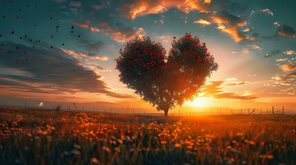 Nature's Love: Heart Tree Gracing Grass Field with Warm Sunset Hues