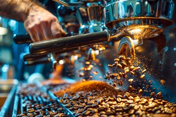 Close up of Professional Barista Grinding Fresh Coffee Beans in Espresso Machine at Cafe