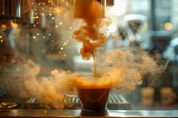 Freshly Brewed Espresso Coffee With Steam Rising From Cup in Modern Cafe Setting - obrazy, fototapety, plakaty