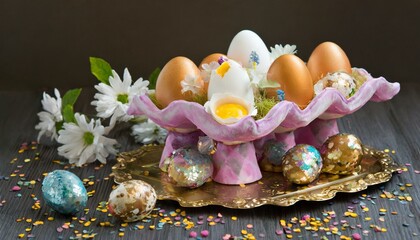 easter still life with eggs and flowers, a nest with quail eggs - easter still life