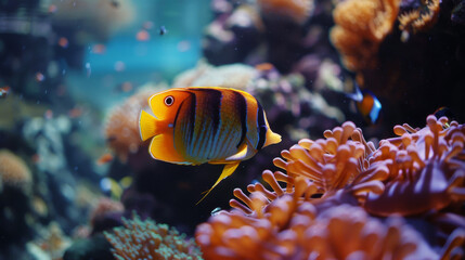 Vibrant Copperband Butterflyfish Swimming in a Coral Reef Aquarium