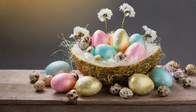 easter basket with eggs and flowers, a nest with quail eggs - easter still life