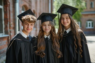 Obraz premium group of three children teenage students graduates in a black robe and academic caps happily look at the camera, celebrate graduation against the backdrop of the school
