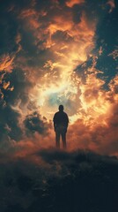 Silhouette of alone person looking at heaven. Lonely man standing in fantasy landscape
