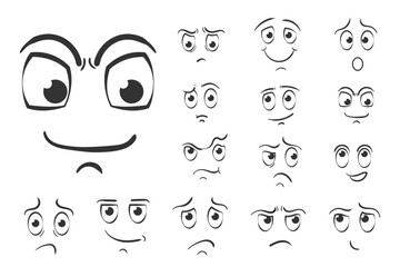 Cartoon faces. Expressive eyes and mouth, smiling, crying and surprised facial expressions of the character. Cartoon comic emotions or doodle emoticon. Set of icons isolated vector illustration