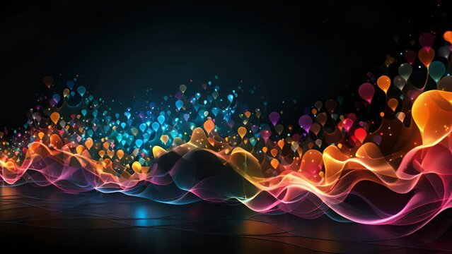 Partical waves, rainbow colors, glowing, black background, perspecitve view, heart rate pulse.